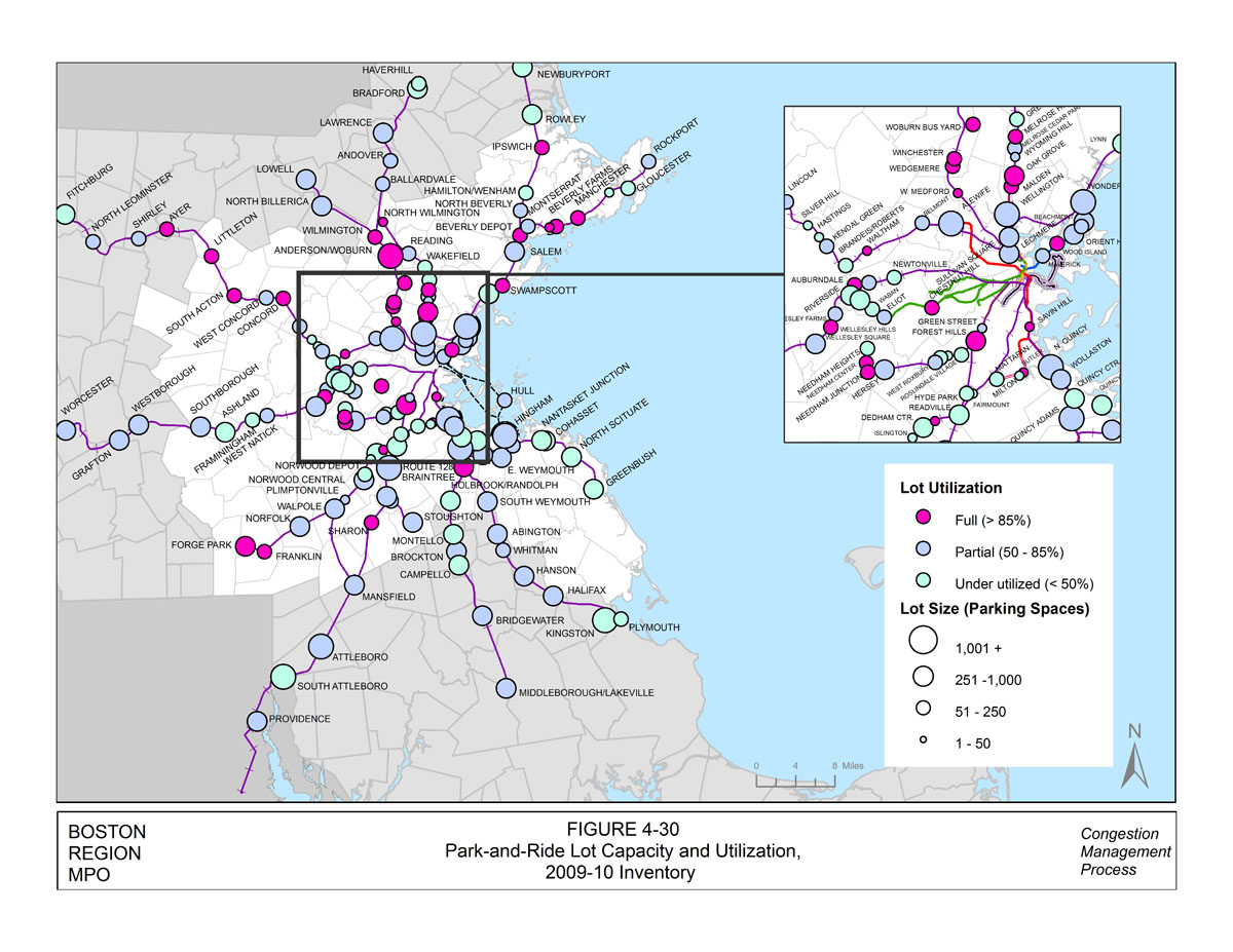 This figure displays the park-and-ride lot capacity and utilization for 2009 and 2010. The park-and-ride lots on this map are near commuter rail, rapid transit, and commuter ferry stations. Full lots are indicated in pink, partially full lots are indicated in blue, and underutilized lots are indicated in teal. Extra-large lots (over 1000 spaces) are indicated with an extra-large circle, large lots (251to 1000 spaces) are indicated with a large circle, medium lots (51 to 250 spaces) are indicated with a medium circle, and small lots (1 to 50 spaces) are indicated with a small circle. There is an inset map that displays park-and-ride lot data for the inner core region of Boston.